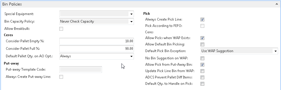 Bin Policies FastTab