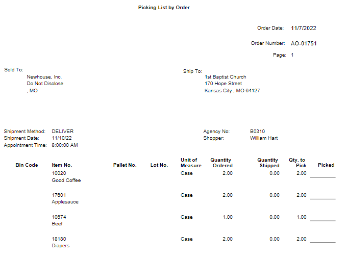Picking List By Order