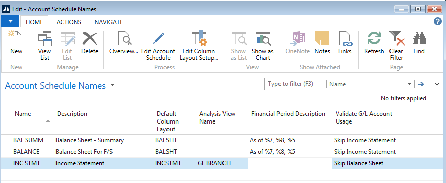 Account Schedule Names Page