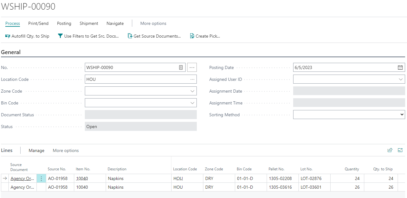 Warehouse Shipment Lines