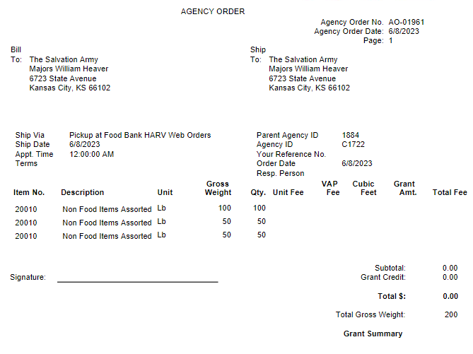 Agency Order Confirmation