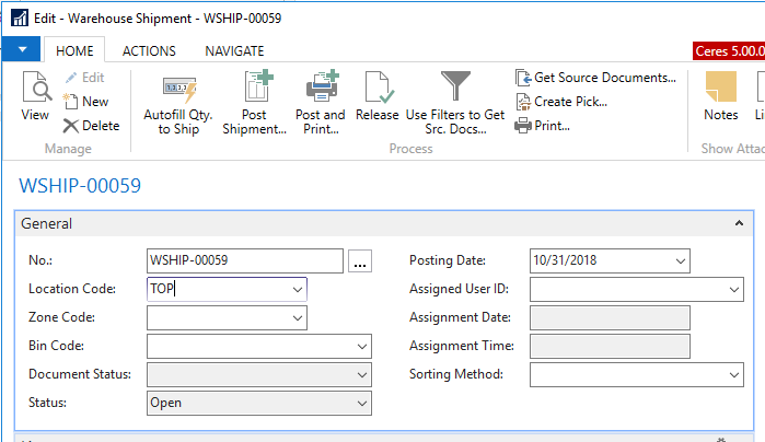 New Warehouse Shipment No.